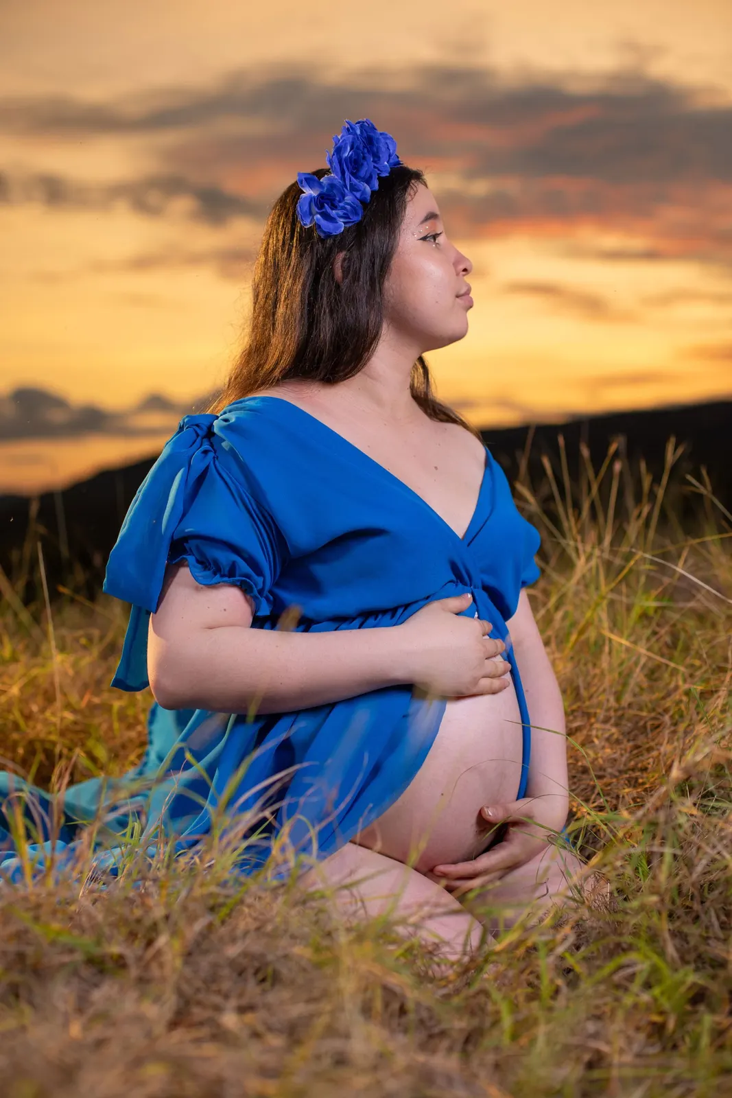 Mujer embarazada con vestido azul y corona de flores sentada en el campo